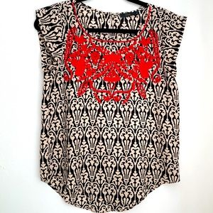 THML Black and cream print top with beautiful red embroidery.